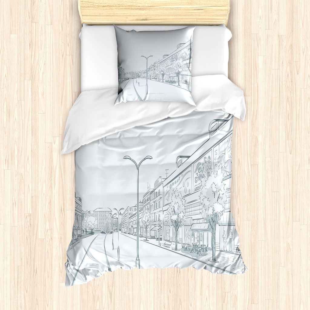 ABAKUHAUS Stadt Bettbezug Set für Einzelbetten, Pastellskizze Städtisches Panorama, Milbensicher Allergiker geeignet mit Kissenbezug, 135 cm x 20...