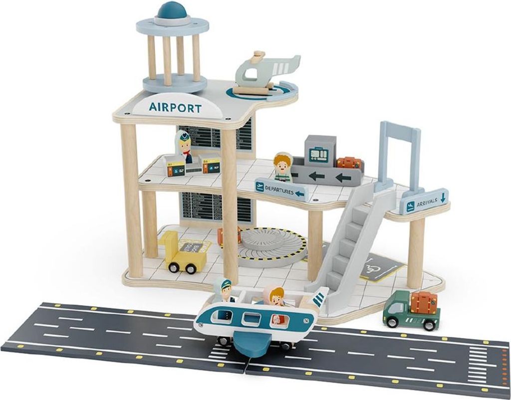 A wooden toy airport playset with various accessories.