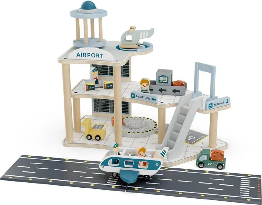 howa Aéroport en bois Jouet avec Avion et Hélicoptère - Set 18 pcs 7018