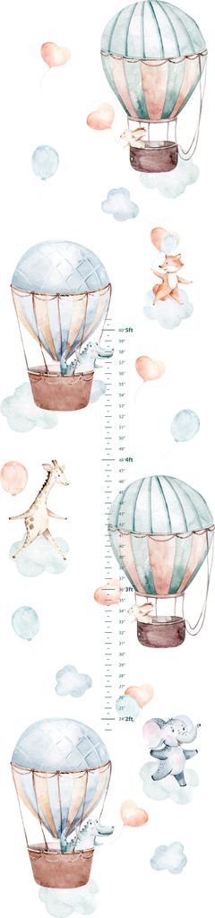 NEWROOM Tapete Bunt Vliestapete Ballons - Wandbild Kinder Blau Grün Tiere Messlatte Maßband Baby Meßskala