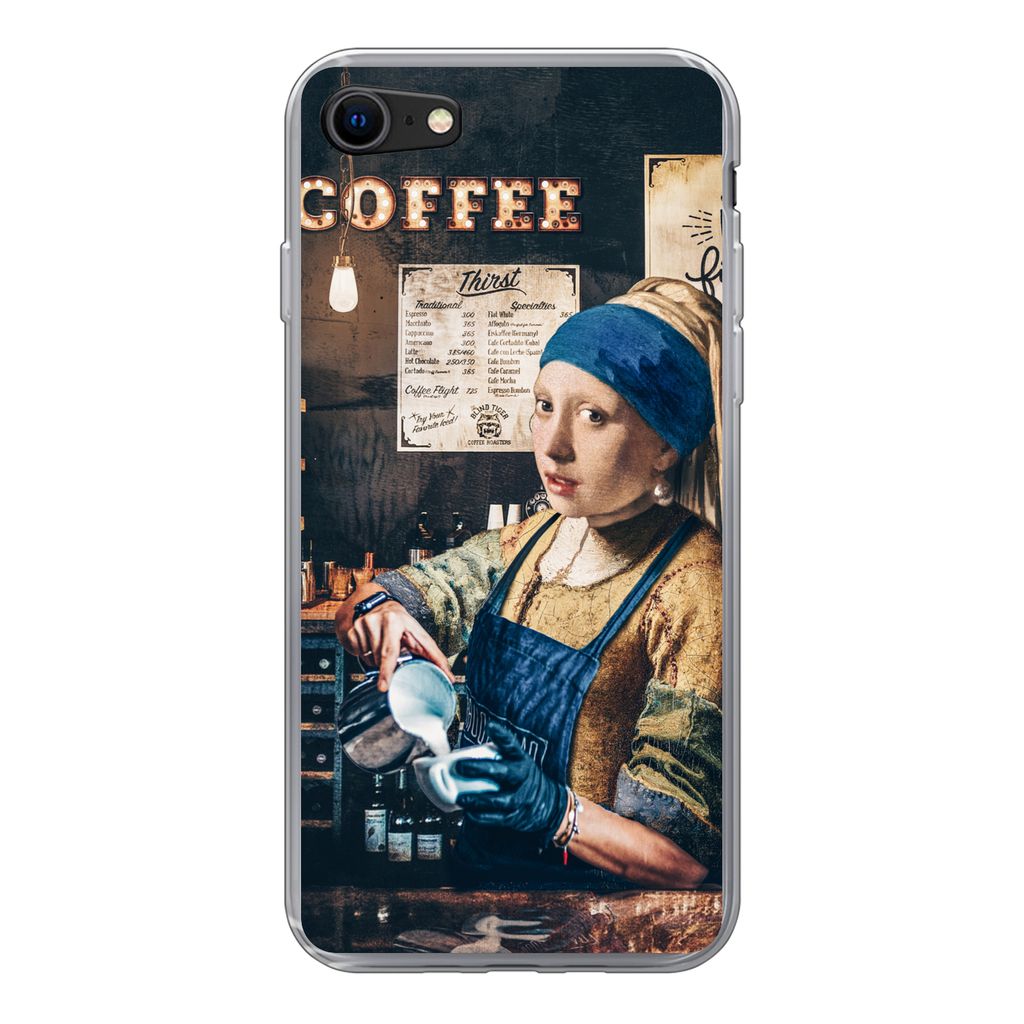 MuchoWow Handyhülle Schutzhülle Hülle für iPhone 8 Mädchen mit Perlenohrring - Cappuccino - Barista - Vermeer - Kaffee - Gemälde Silikon So...