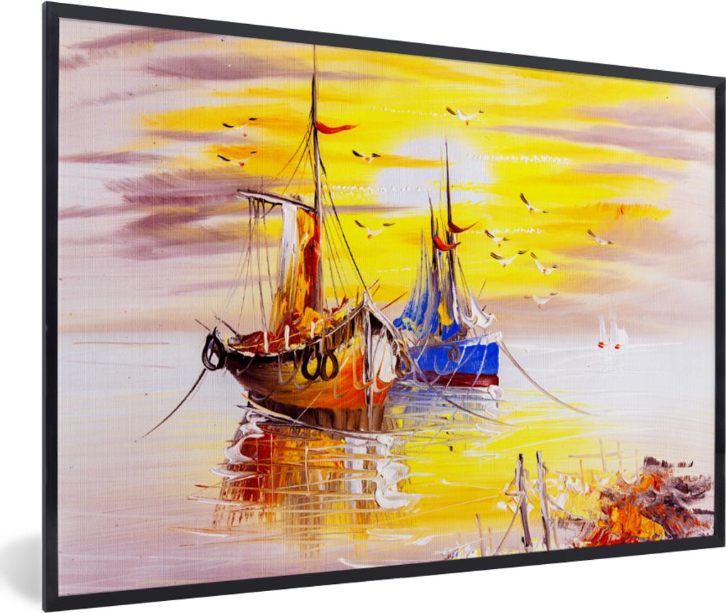 MuchoWow Gerahmtes Poster Malerei - Boot - Wasser - Ölfarbe 30x20 cm - Poster mit Schwarzem Bilderrahmen Wandposter Rahmen Foto Bilder - Kunstdr...