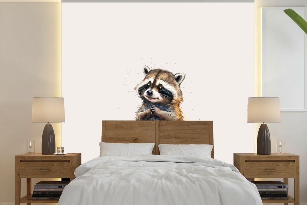 MuchoWow Fototapete für Wohnzimmer oder Schlafzimmer Wandtapete Vinyl Motivtapete Waschbär - Wasserfarben - Tiere - Kinder - 350x350 cm - Schla...