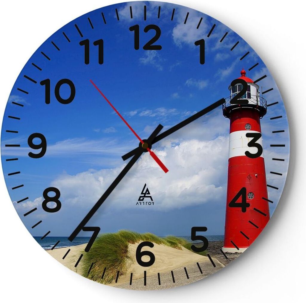 Wanduhr - Rund - Glasuhr - Turm Leuchtturm Ozean Ufer - 40x40cm - Schleichendes Uhrwerk - Lautlos - zum Aufhängen bereit - Dekoration Modern - Wan...