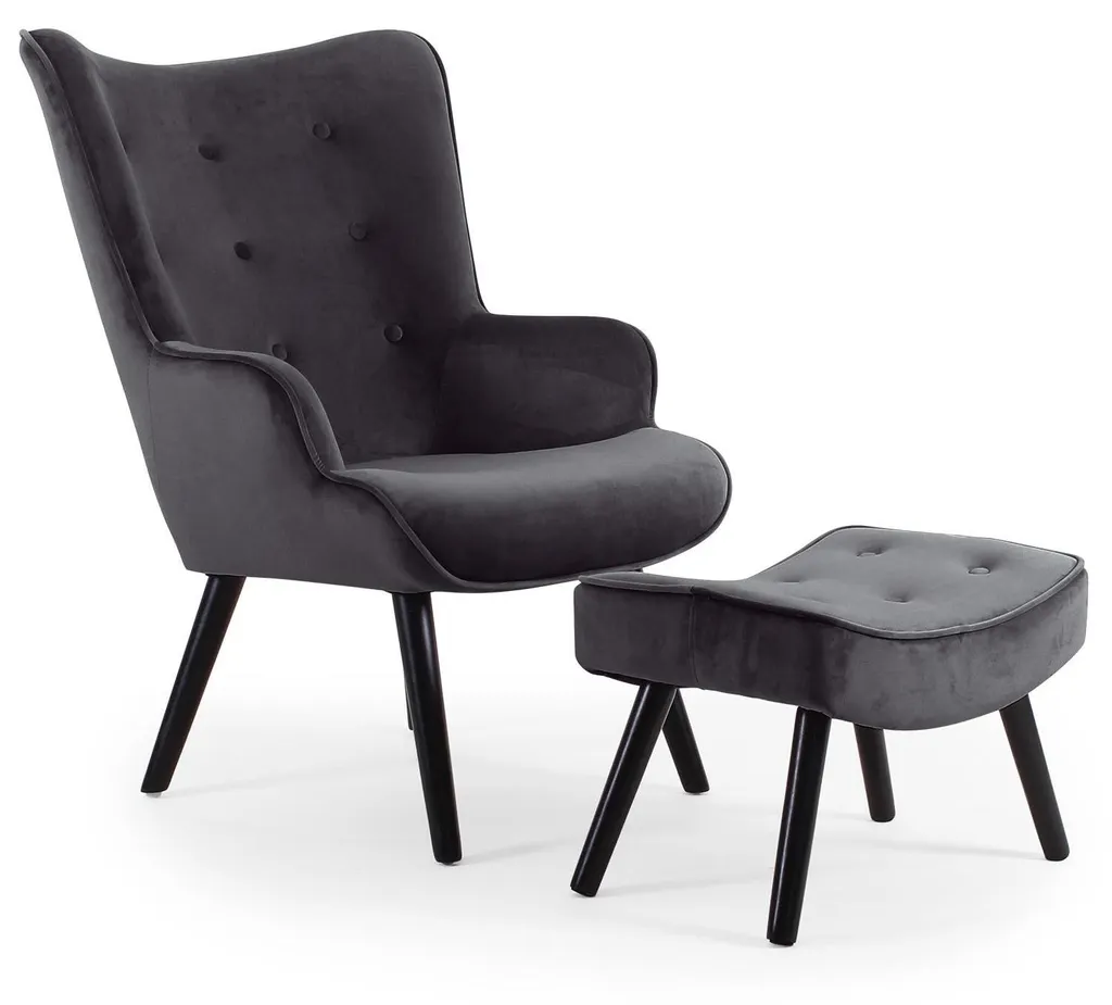 Fauteuil scandinave avec pouf assorti Lylou velours noir et bois