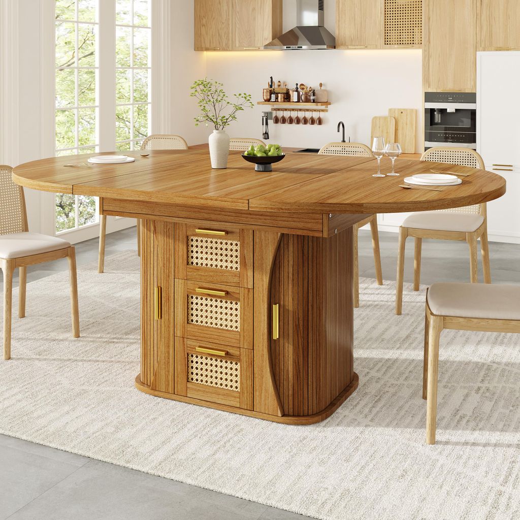 Flieks Ausziehbarer Esstisch mit integriertem Stauraum & Rattan-Optik, Küchentisch, Esszimmertisch 118-158x118x77.1cm, Eichenfarben
