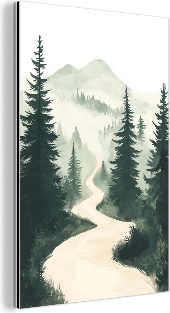 MuchoWow Wanddekoration Metall Metallbild Wandkunst 60x90 cm Pfad - Bäume - Wald - Illustration MuchoWow Aluminium Gemälde - Wandbilder - Aluminium