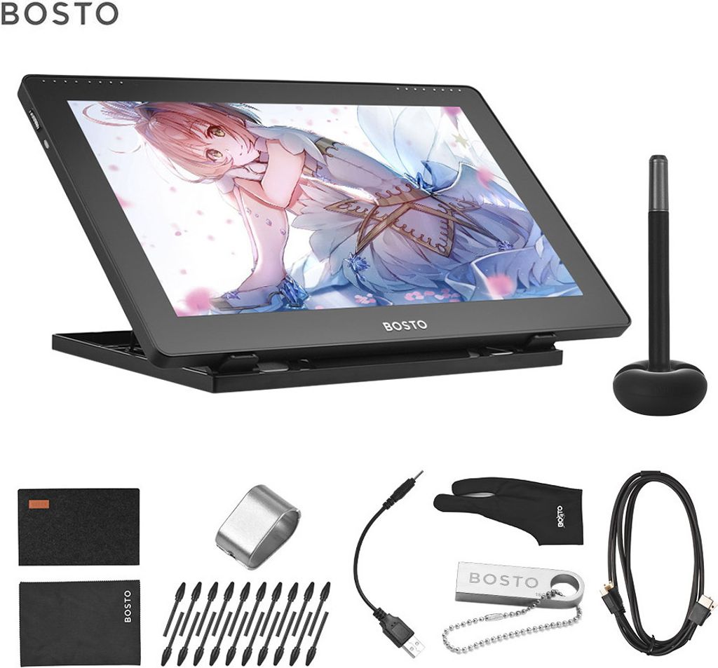 BOSTO 16HDK 15,6-Zoll Grafiktablett unterstützt kapazitiven Touchscreen 8192 Druckstufe mit geringem Verbrauch und interaktivem Stift