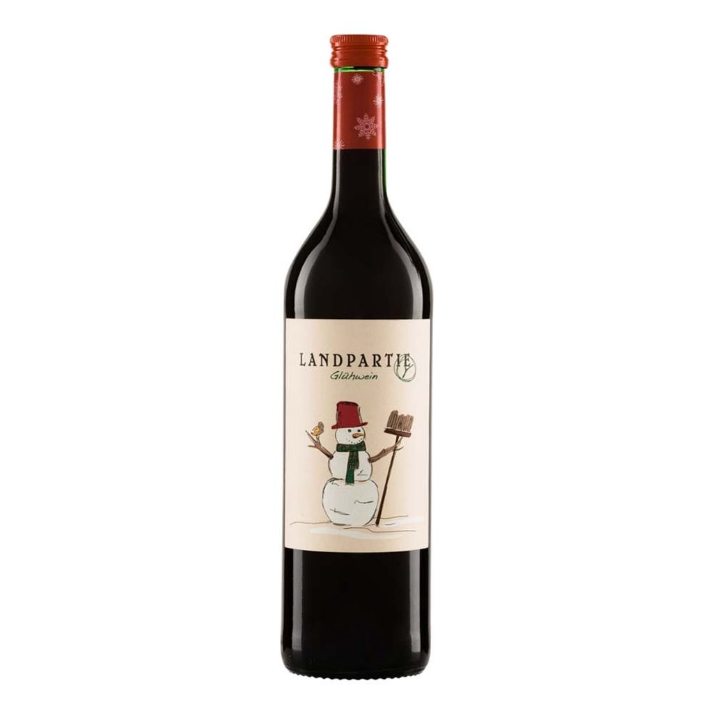 A bottle of red wine with a festive snowman label.