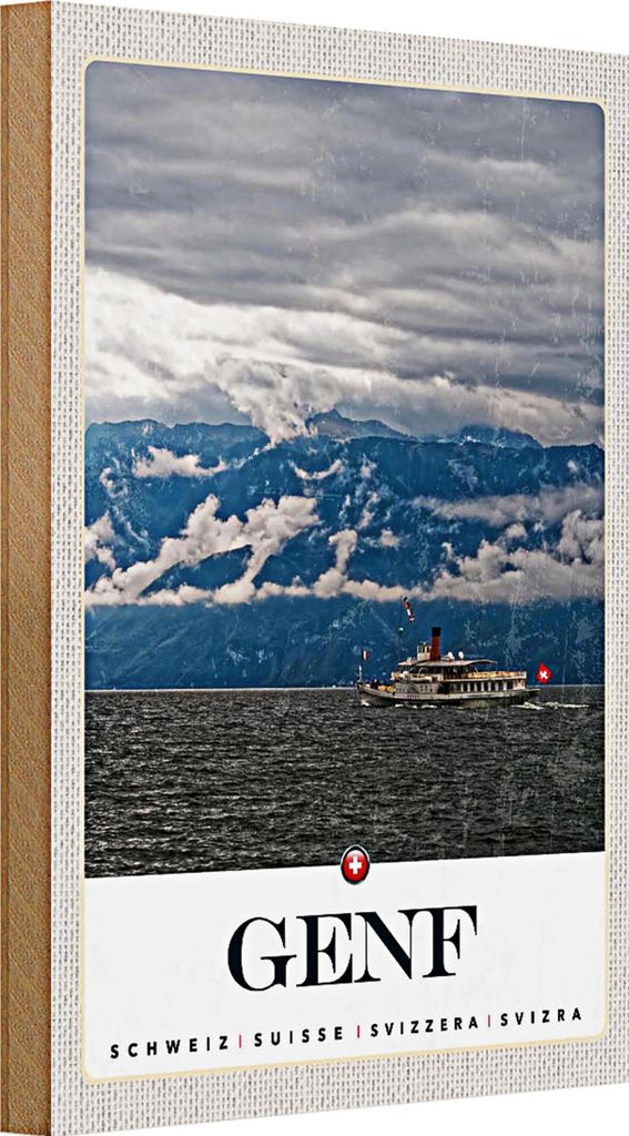 Holzschild Reise 20x30cm Genf Schweiz Schiffe Gebirge Himmel