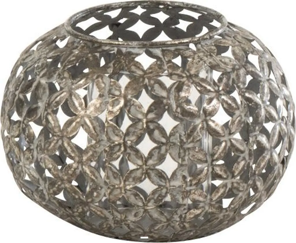Photophore de Table en Métal Gris J-Line avec Motif Fleur Ajourée Chic