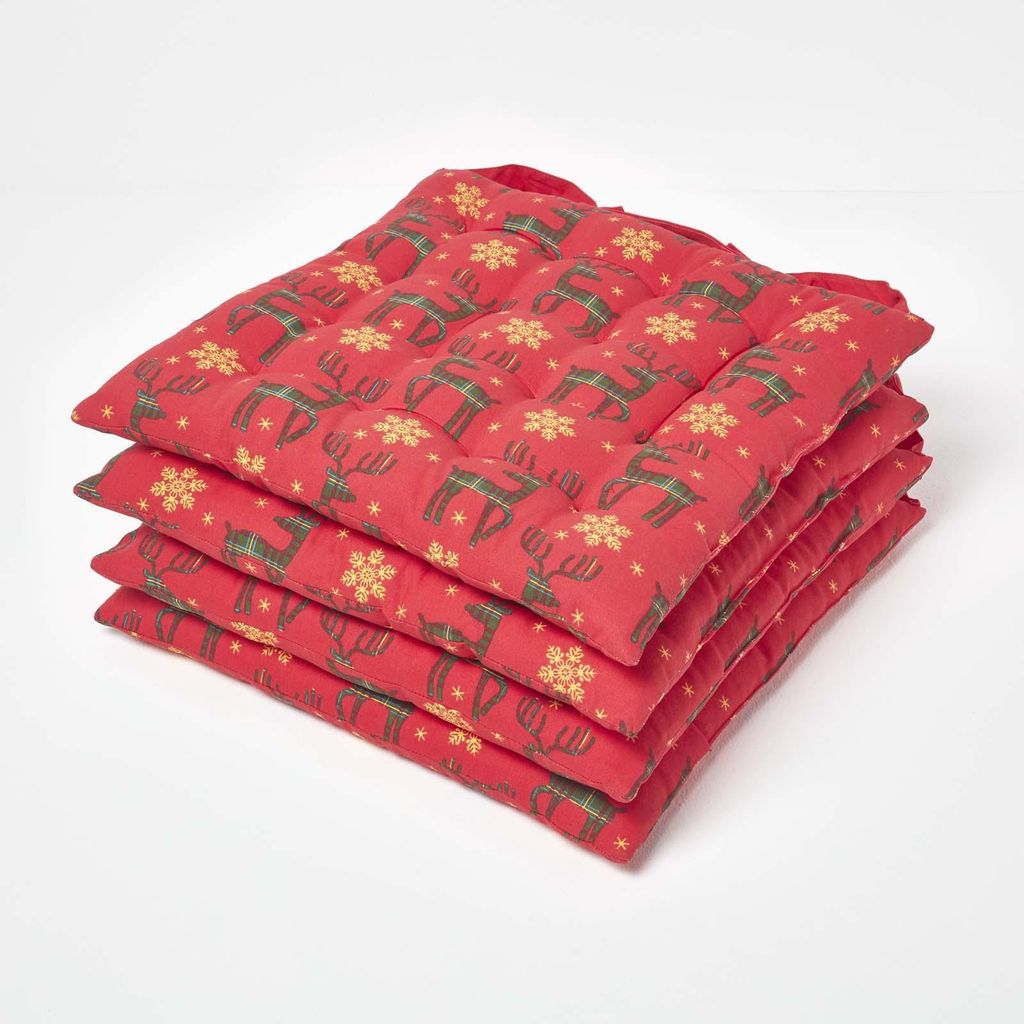 HOMESCAPES 4er-Set Sitzkissen aus 100% Baumwolle, 40 x 40 cm, Rotes Weihnachtsrentier-Design