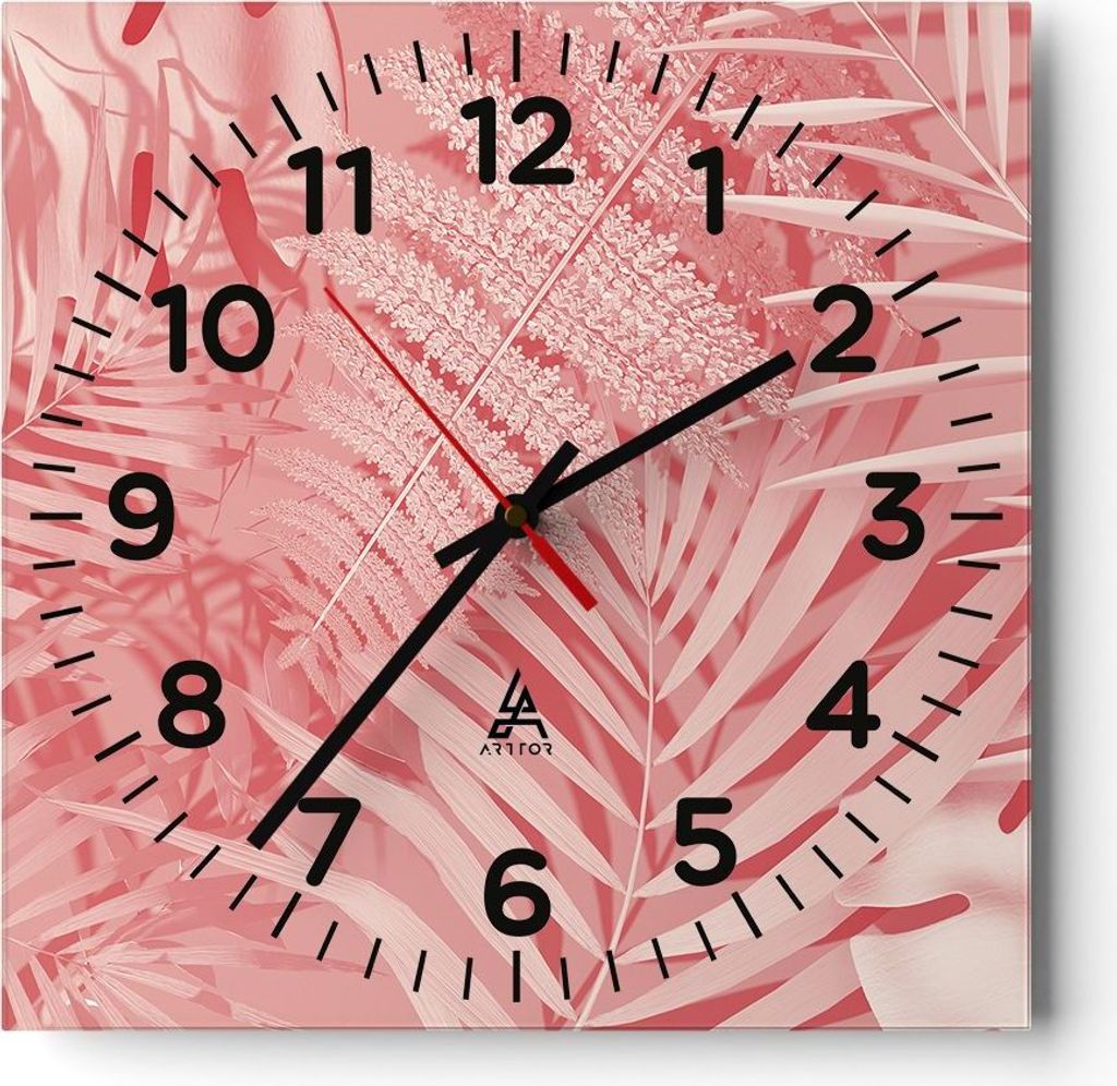 Wanduhr - Quadrat - Glasuhr - Rosa Blätter Palmen - 40x40cm - Schleichendes Uhrwerk - Lautlos - zum Aufhängen bereit - Dekoration Modern - Wandde...