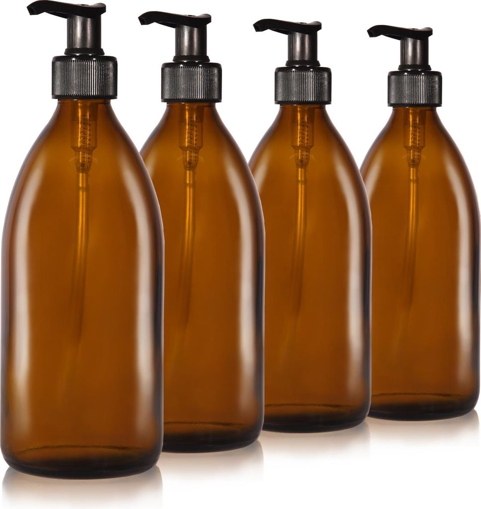 Oputec 4 x 500 ml Seifenspender aus Glas – Shampoo-Flaschen zum Befüllen Duschgel-Spender Pumpspender aus Braunglas – Küche und Badezimmer