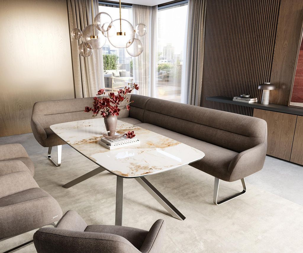 DELIFE Esszimmerbank Taya-Flex 285x190 cm Strukturstoff Soft Taupe Kufengestell flach Edelstahl Taschenfederkern Rechts