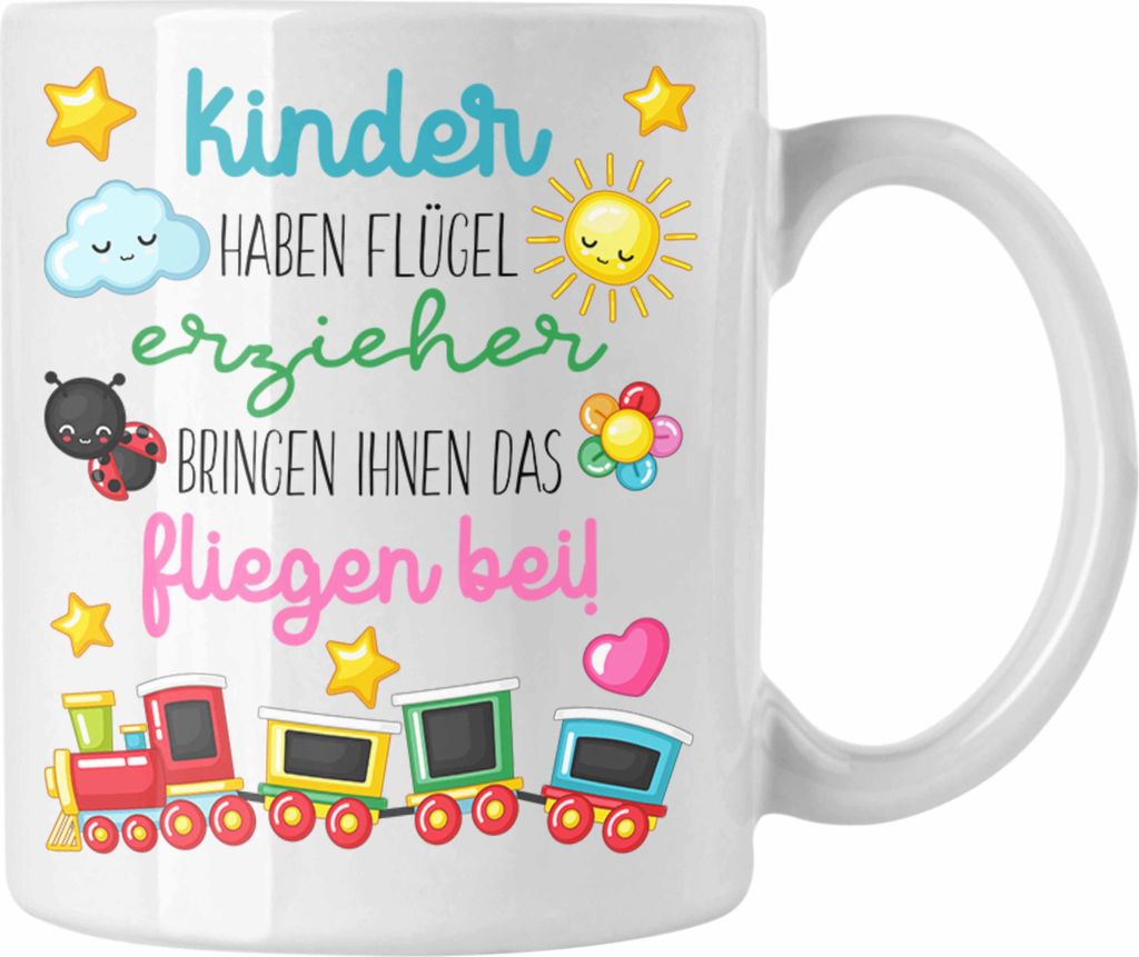 Trendation - Erzieherin Tasse Geschenk Danke Dankeschön Abschiedsgeschenk Beste Kindergärtnerin Spruch Flügel (Weiß)