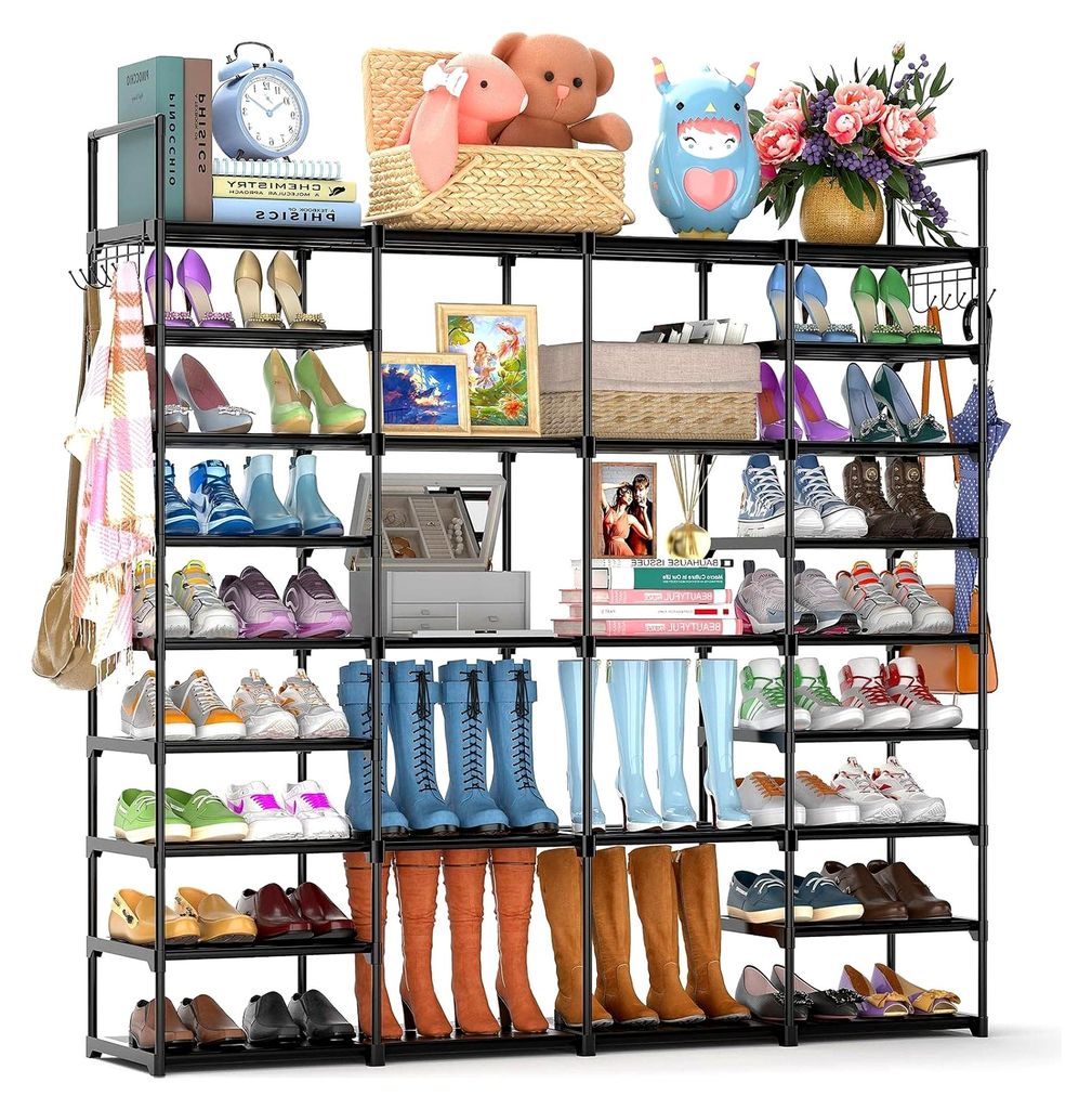 Schuhregal mit 9 Ebenen, Metall Schuhablagen, großes Regal für 64-72 Paar Schuhe, 4-reihiges Standregal mit Haken für Wohnzimmer, Ankleidezimmer...
