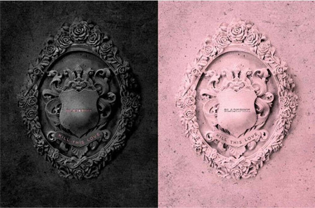 A split image showing the album cover art for BLACKPINK's 'Kill This Love' EP. The left side is in black and white, and the right side is in pink.