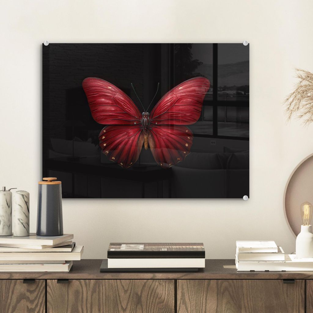 MuchoWow Glasbilder - Bilder auf Wandbild - Foto auf Glas Schmetterling - Rot - Minimalistisch 40x30 cm Wanddekoration aus Glas - Acrylglasbild - A...
