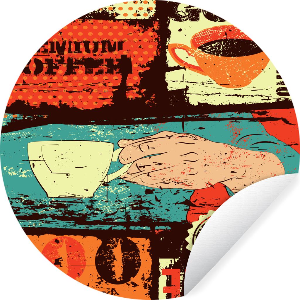 MuchoWow Runde Wandtattoo - Wandsticker Tapete Aufkleber Kaffee - Collage - Vintage Ø 80 cm Selbstklebend und Repositionierbar - Wandaufkleber -...