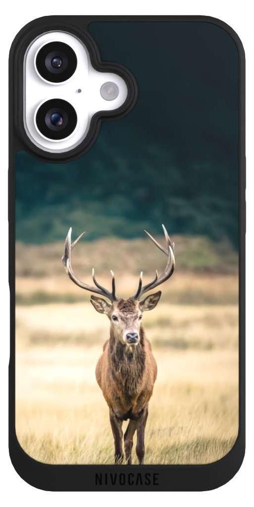 NIVOCASE Handyhülle für Apple iPhone 16 Hülle NIVOpure Case Schwarz Hirsch Wald Wiese