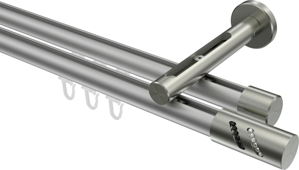 Interdeco Innenlaufstange / Gardinenstange mit Innenlauf Silbergrau / Edelstahl-Optik, Typ Siteno Zoena (Glitzerzylinder), 20 mm Ø 2-läufig, 420 cm