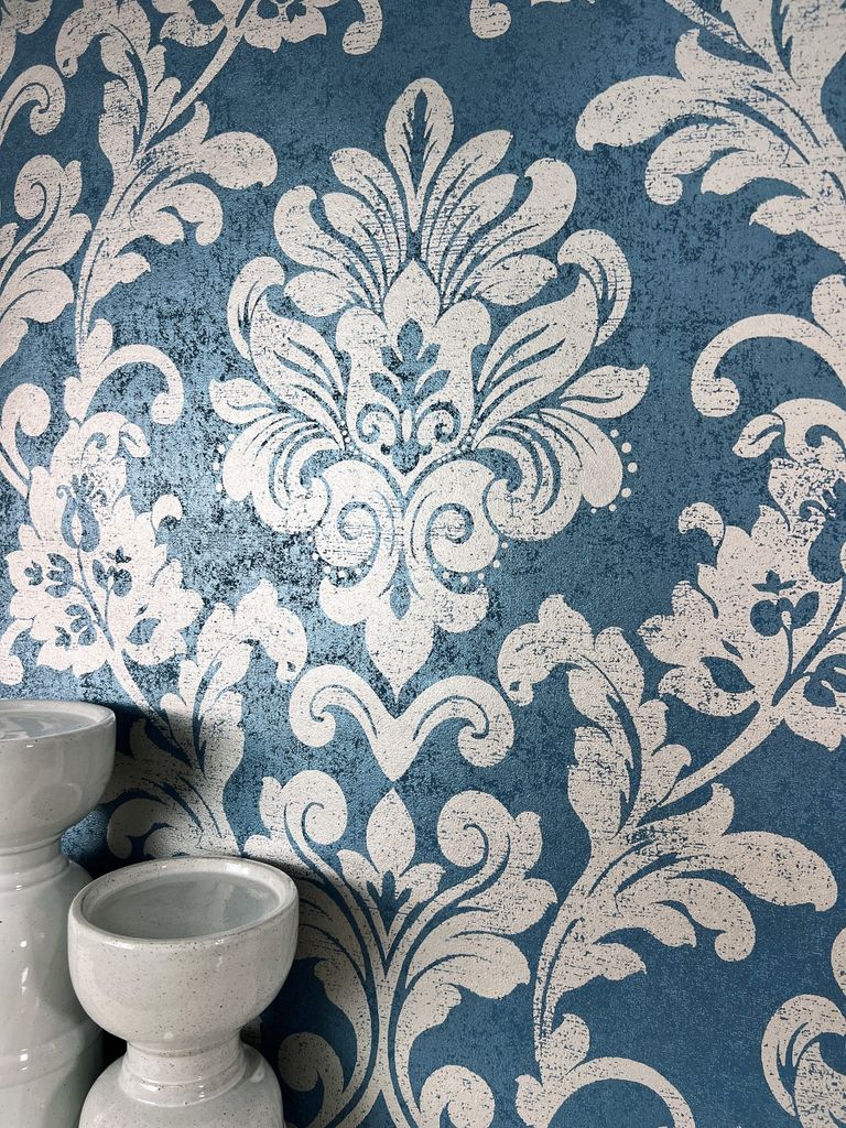 NEWROOM Tapete Blau Vliestapete Ornamente - Barocktapete Vintage Petrol Silber Metallic Glanz Glanztapete Glamour Elegant