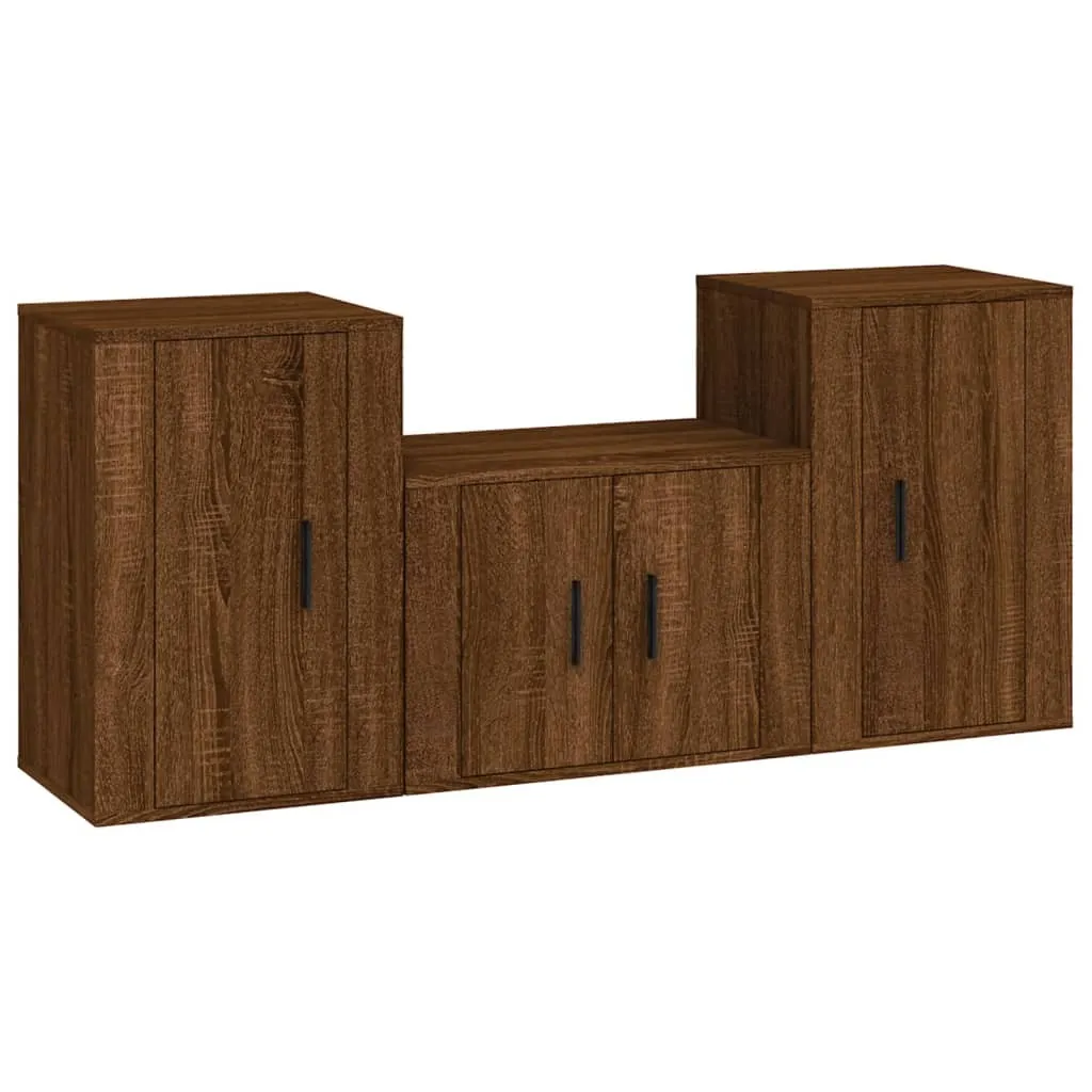 set di mobili TV a 3 pezzi in legno ingegnerizzato effetto rovere marrone
