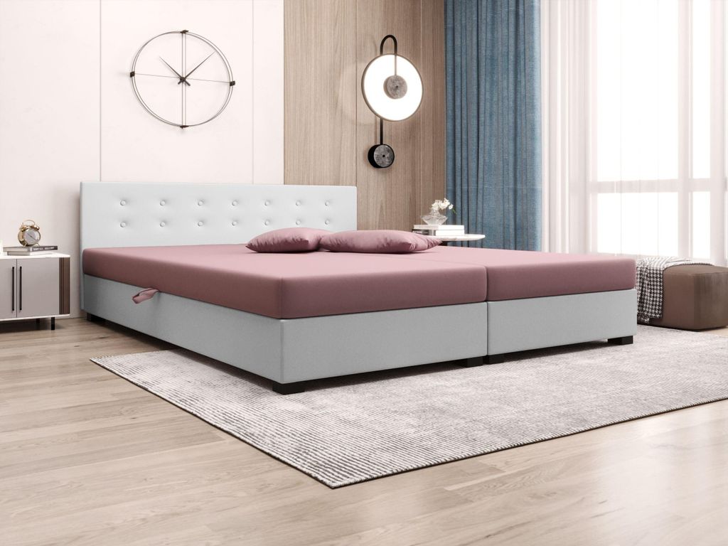 AURA SOFA Boxspringbett OLAF DOUBLE 160x195 Komplett-Set mit Bonell Matratze, Polsterbett mit Bettkästen - Rosa/Weiß, SAWANA 61/WEIß