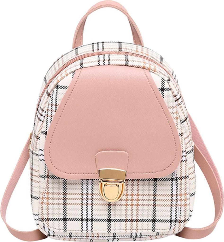 Kleiner Rucksack für Damen, süßes Karomuster, Metallschnalle, Mini-Tasche, Reiserucksack für Mädchen, Rosa, 19 Zoll