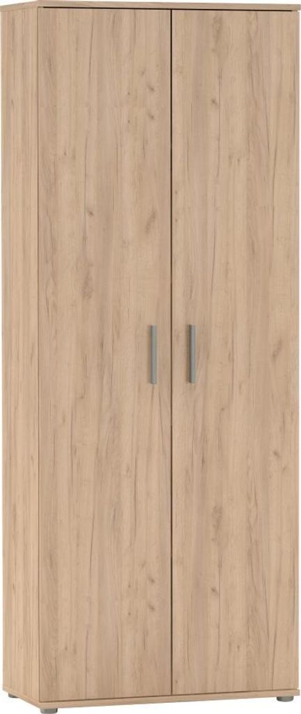 A front view of a two-door cabinet with a wood grain finish.