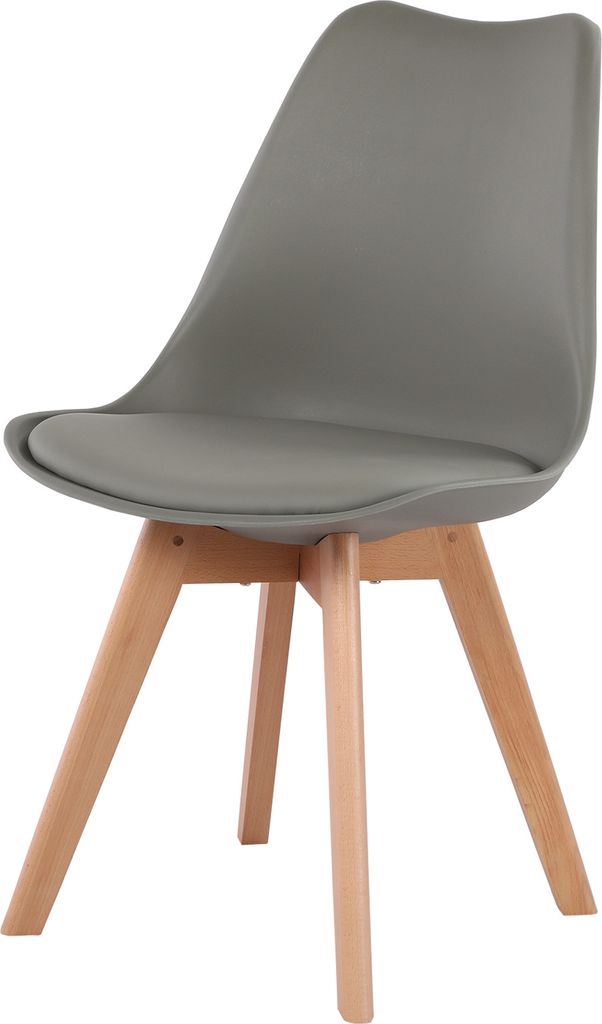 A single gray chair with wooden legs is shown against a white background.