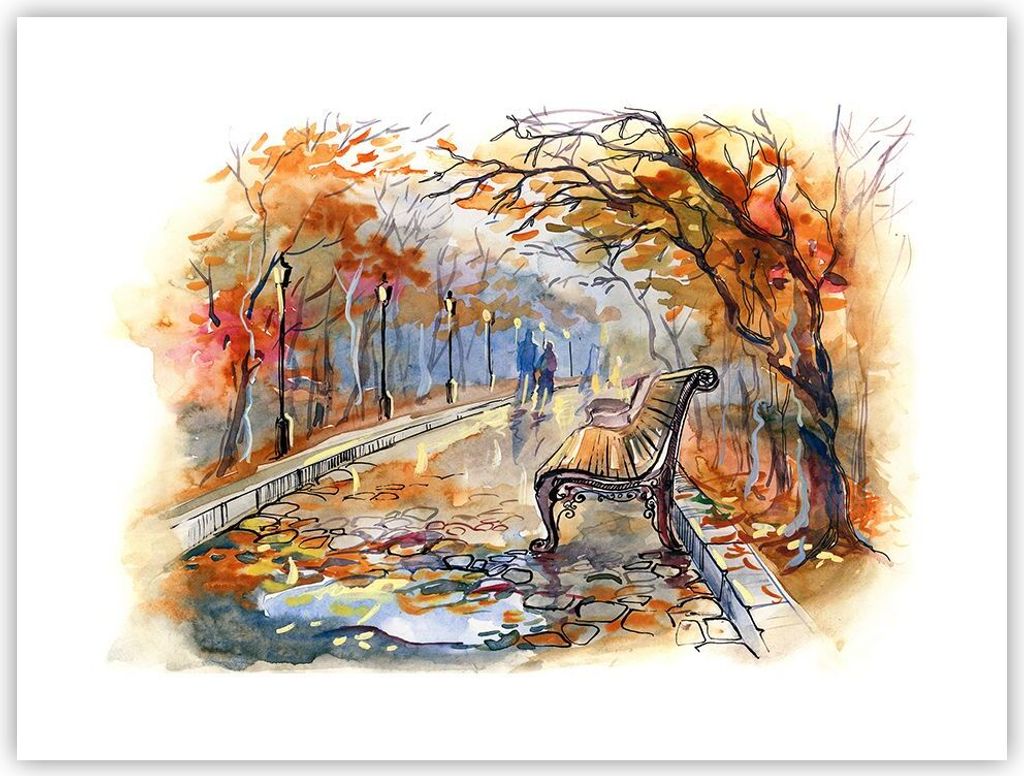 Poster - Poster ohne Rahmen - Path Bench Herbst Frau - 40x30 cm - Wand Bild - Wanddeko - Wandbilder - Kunstposter - Wandposter - Bilder - Kunstdruc...