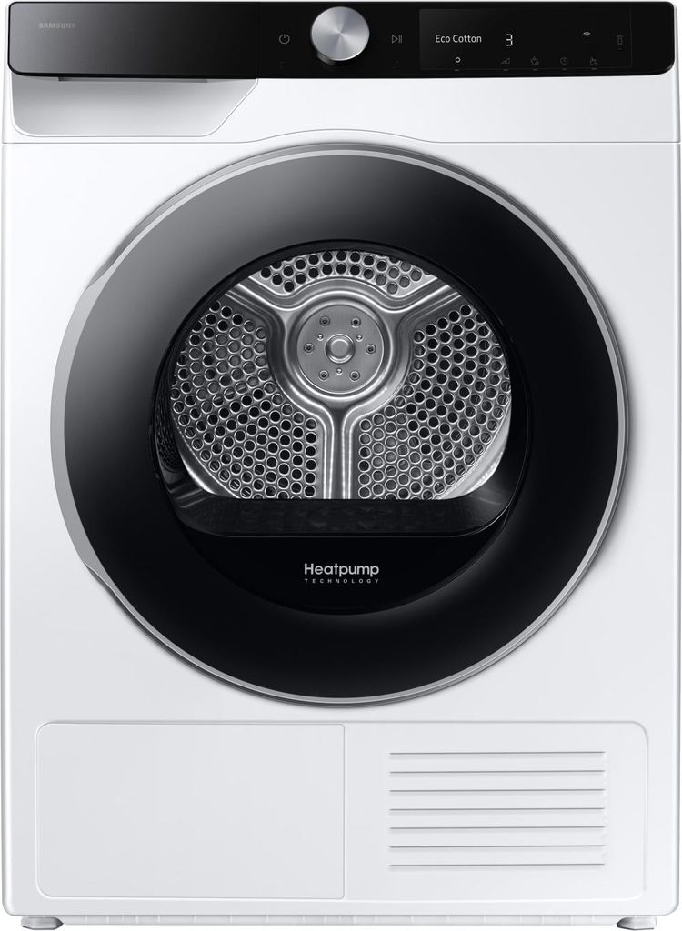A front view of a white Samsung heatpump dryer.