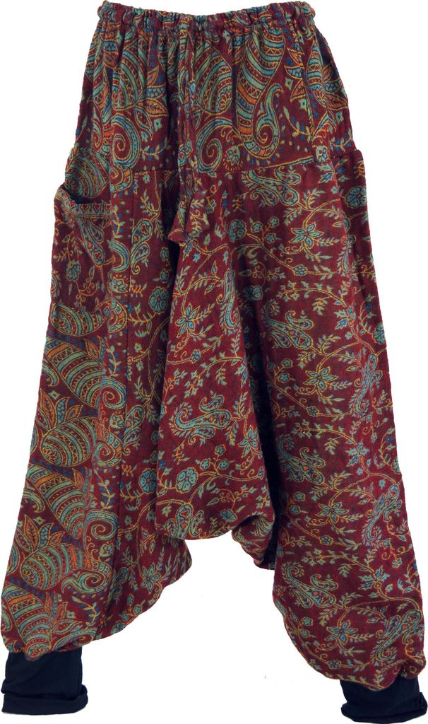 Flauschige Haremshose, Boho Pluderhose, Pumphose, Aladinhose - Bordeauxrot/Paisley, Damen, Polyacryl, Hosen