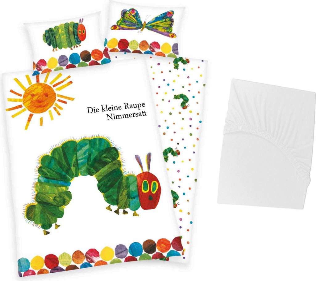 3 tlg Baby Bettwäsche Set - Die kleine Raupe Nimmersatt - Renforcé - 40x60 100x135 cm + 1 Spannbettlaken weiß 60x120 - 70x140 cm