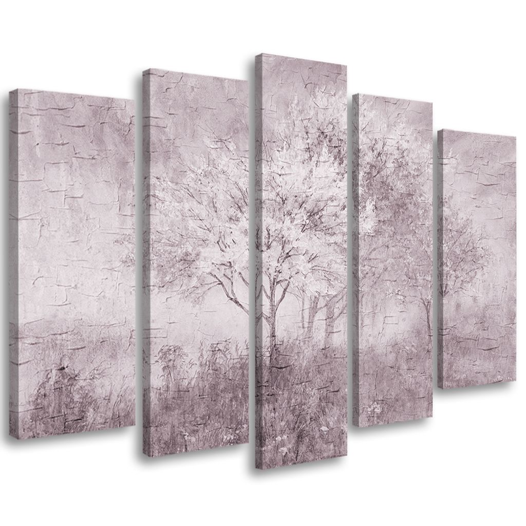 5-teiliges leinwandbild blühender baum auf der wiese alt schwarz-weiß 100x70 cm Feeby grau wandbild bereit zum aufhängen