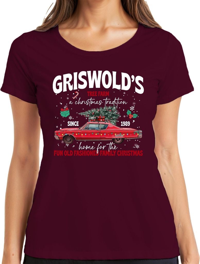 Griswold's Tree Farm a Christmas Tradition Vintage Car Damen T-Shirt, Burgundy, 3XL