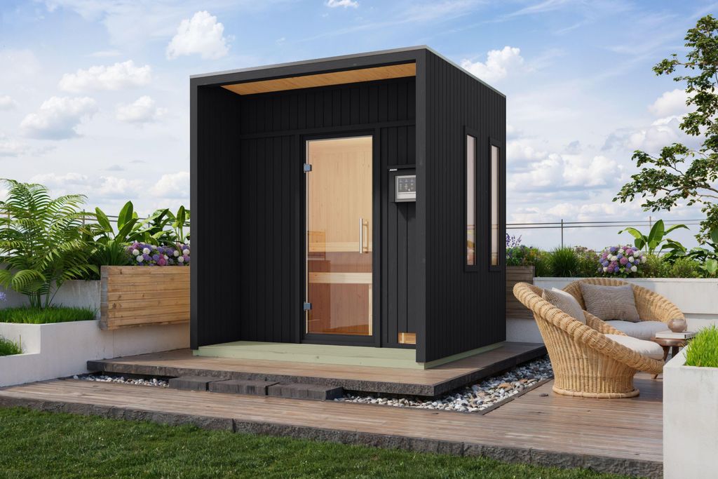 Saunahaus Außensauna Gartensauna ARCADIA mit Vorraum schwarz lackiert Ofen 9 kW externe Strg easy 73mm gedämmte Elemente 220x217x244 cm