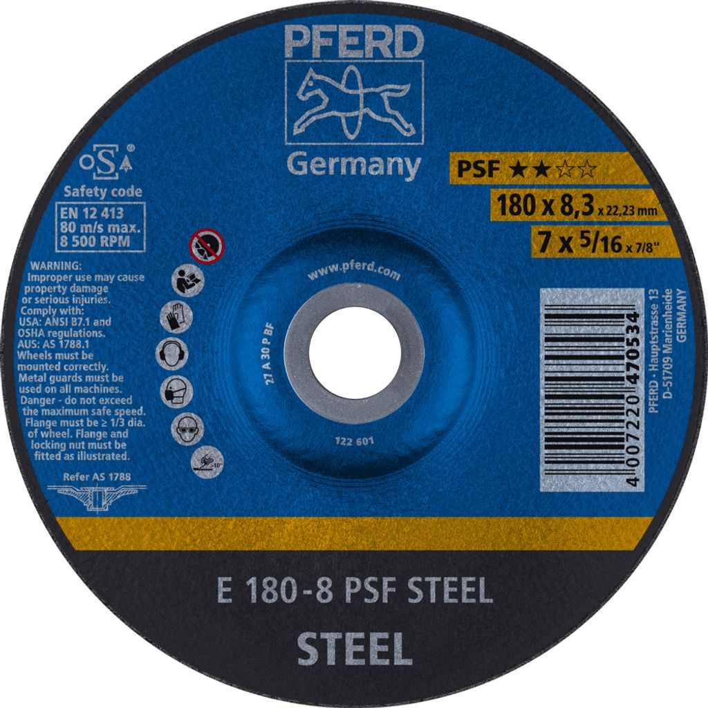 PFERD TOOLS Schruppscheibe E 180x8,3x22,23 mm Universallinie PSF STEEL für Stahl