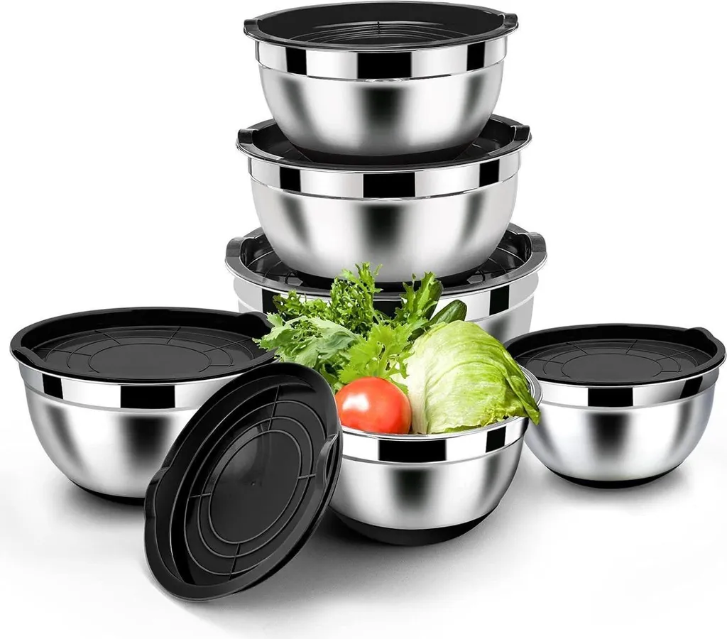 Bols à Mélanger en Acier Inox Noir Homikit avec Couvercle Hermétique 6pcs