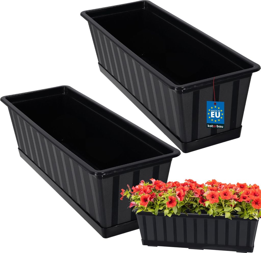 KOTARBAU 2er Set Blumenkasten Blumentopf für Balkon 50 x 18 x 14 cm Anthrazit Balkonkasten Balkongeländer Pflanzkasten mit Untersetzer aus Kuns...