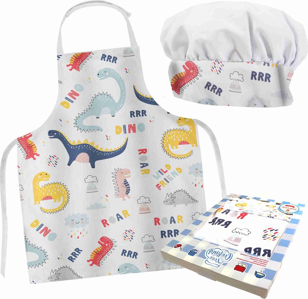 DOMAREX Küchenschürze für Kinder + Kochmütze Set, 100% Baumwolle, ideales Geschenk für kleine Köche, verstellbar, bunte Designs -Dino