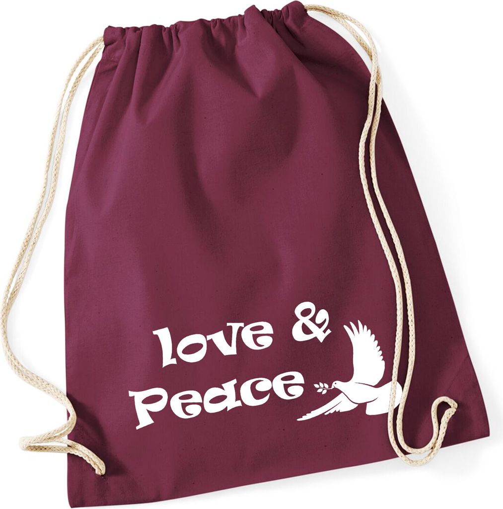 Huuraa Turnbeutel Love & Peace 12 Liter Burgundy Baumwolle Rucksack Geschenkidee