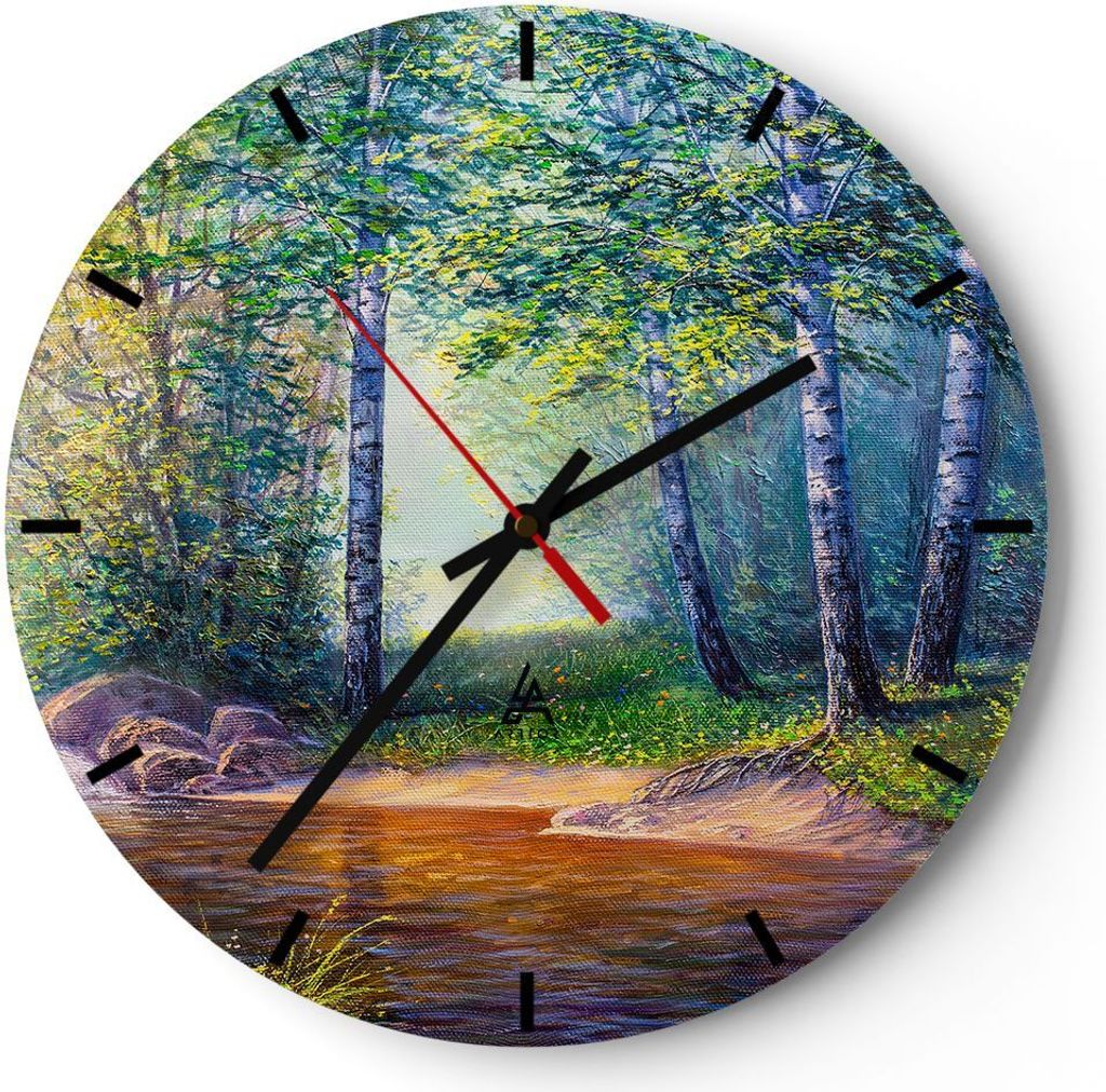 Wanduhr - Rund - Glasuhr - Wiese Wasser Baum - 40x40cm - Schleichendes Uhrwerk - Lautlos - zum Aufhängen bereit - Dekoration Modern - Wanddekorati...