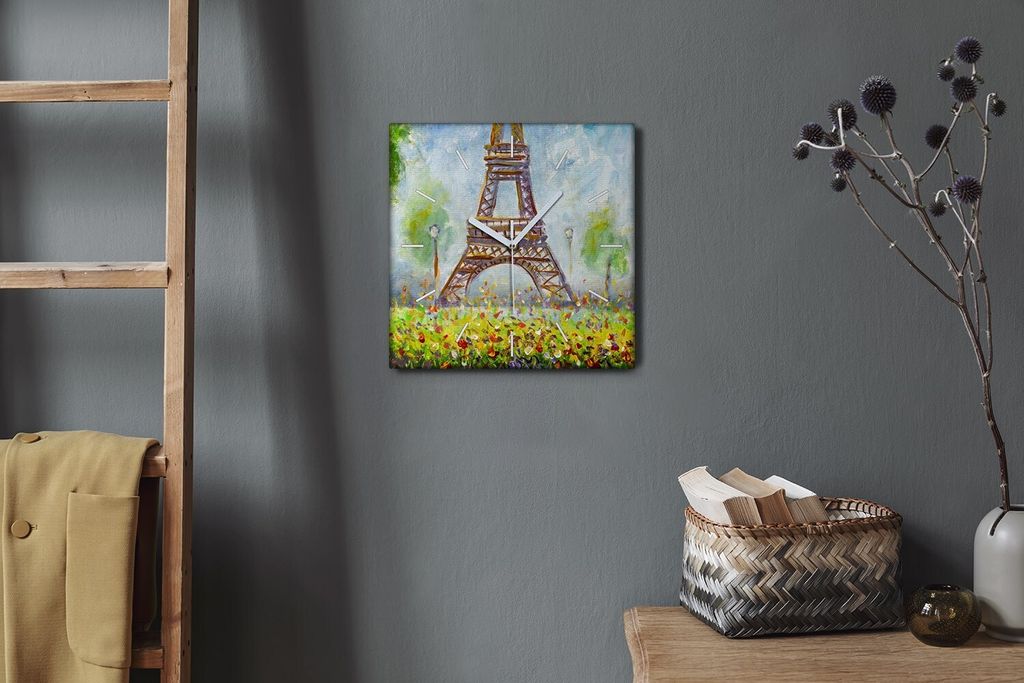 Coloray Hodiny Unikátní 30x30 cm Tiché hodiny Pro obývací pokoj a kuchyň Nástěnné hodiny Plátno Bílé ručičky hodin - Květiny Eiffelo...