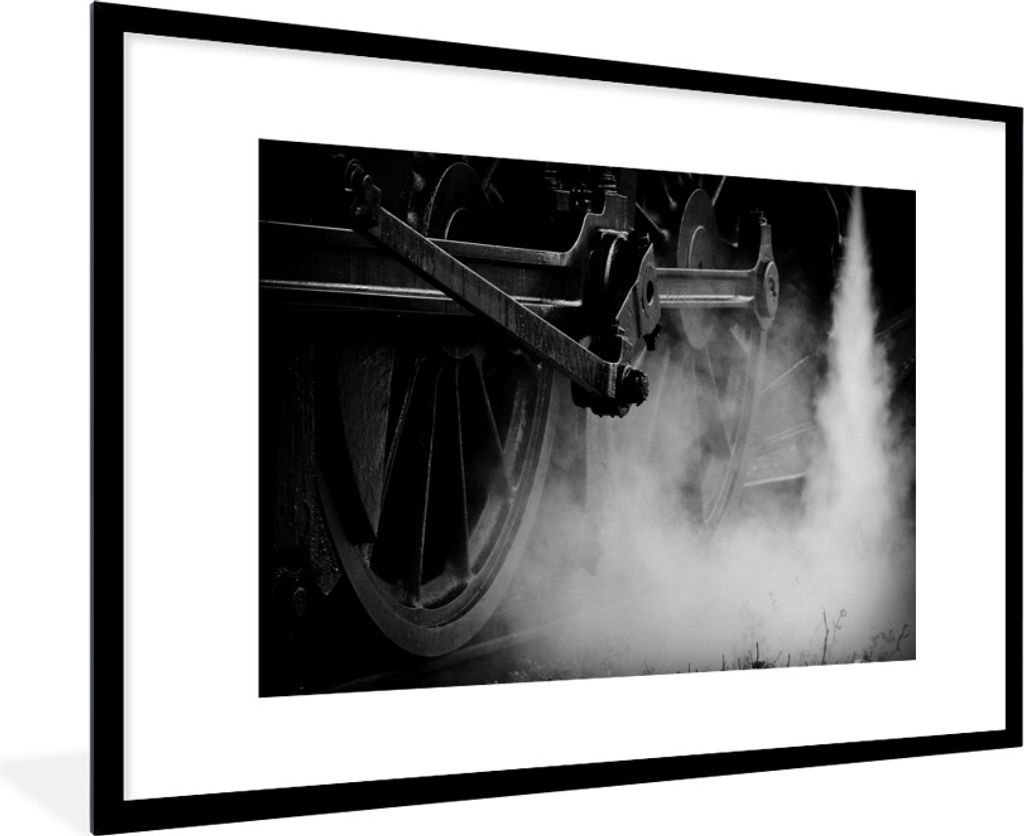 MuchoWow Gerahmtes Poster Schwarz-Weiß-Fotografie eines Dampfzuges 90x60 cm - Poster mit Schwarzem Bilderrahmen Wandposter Rahmen Foto Bilder - ...