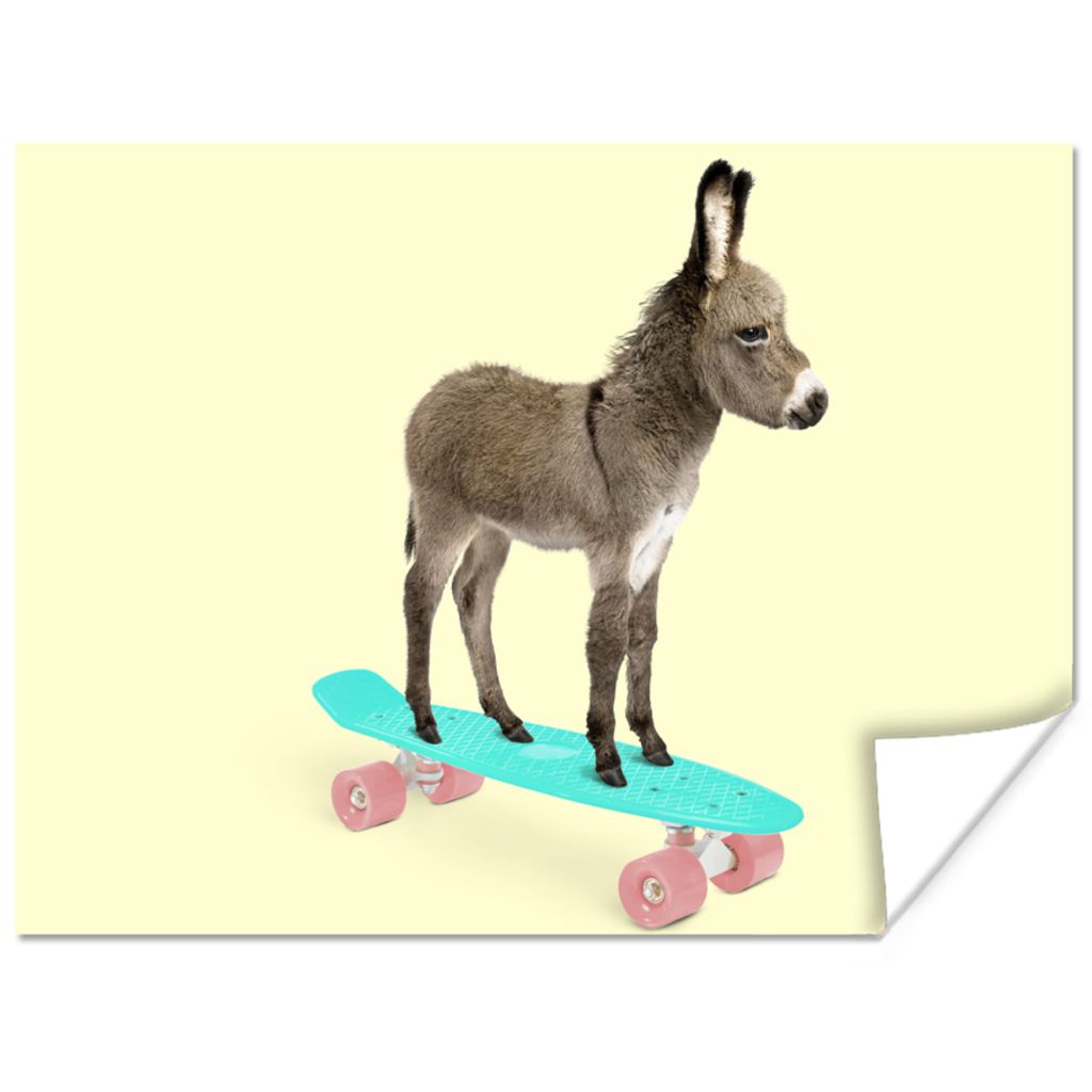 MuchoWow Poster Esel - Skateboard - Braun - Tiere - Gelb 120x90 cm - Wandbild