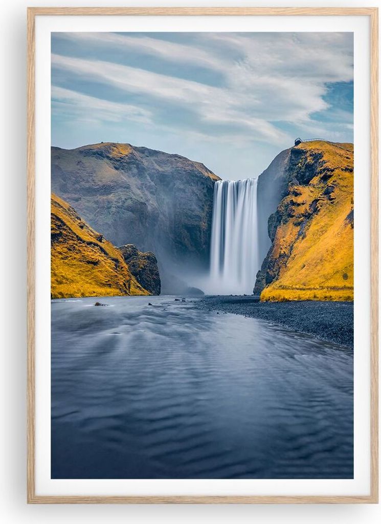 Gerahmtes Poster - Rahmen in heller Eiche - Wasserfall Berge Skogafoss - 70x100 cm - Wand Bild - Wanddeko - Wandbilder - Kunstposter - Wandposter -...