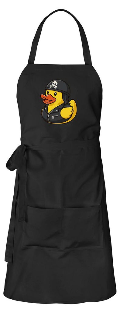 Huuraa Schürze Quietscheente Biker Gummiente Rocker Schwarz mit Taschen Baumwolle Kochschürze Geschenkidee